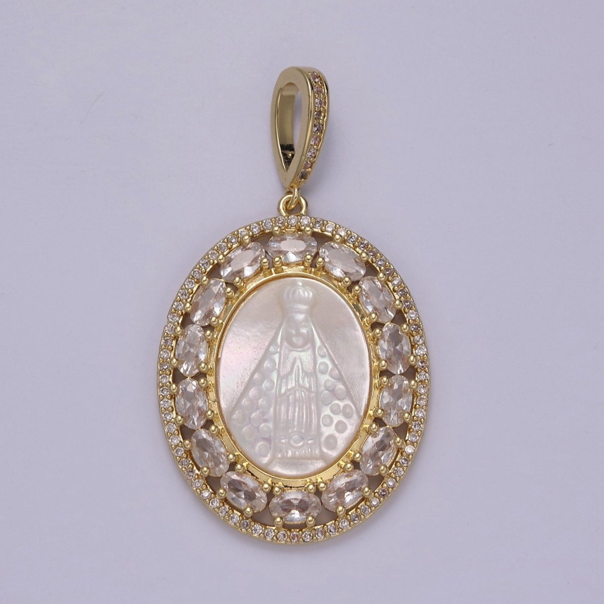 Statement Gold plated Cubic Zirconia Bezeled Mother Of Pearl Virgin Mary Lady of Guadalupe Pendant Necklace for Religious Jewelry Making N-571 - DLUXCA