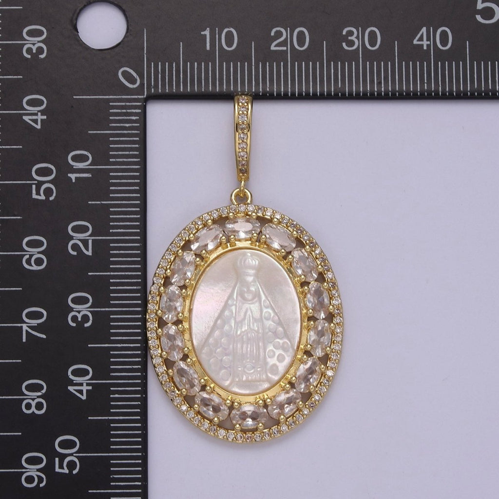 Statement Gold plated Cubic Zirconia Bezeled Mother Of Pearl Virgin Mary Lady of Guadalupe Pendant Necklace for Religious Jewelry Making N-571 - DLUXCA