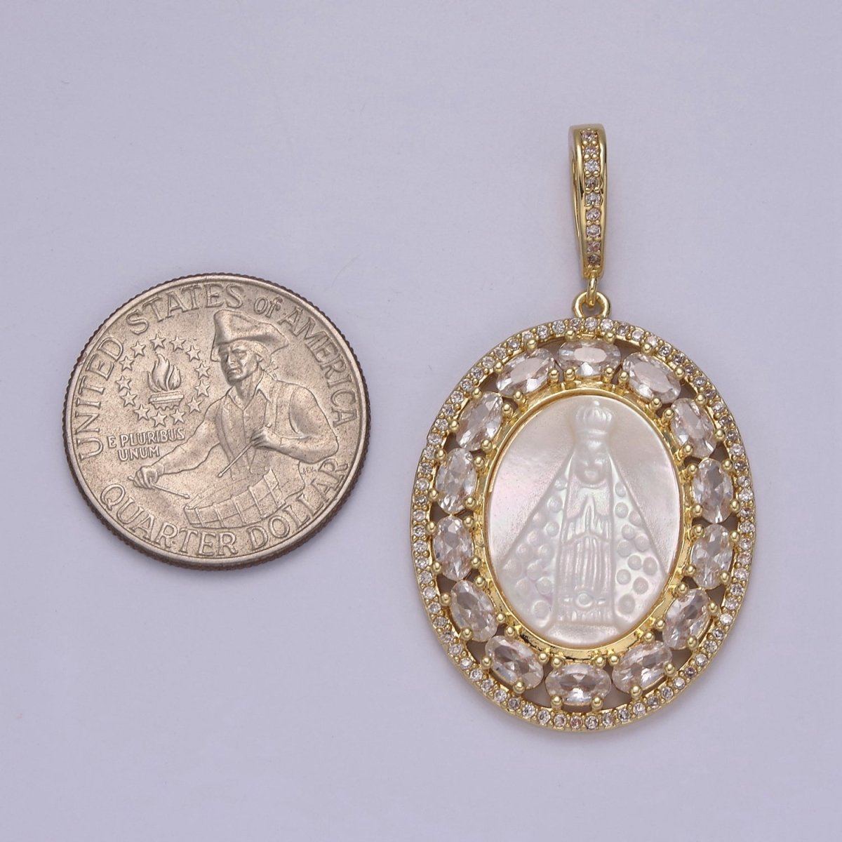Statement Gold plated Cubic Zirconia Bezeled Mother Of Pearl Virgin Mary Lady of Guadalupe Pendant Necklace for Religious Jewelry Making N-571 - DLUXCA