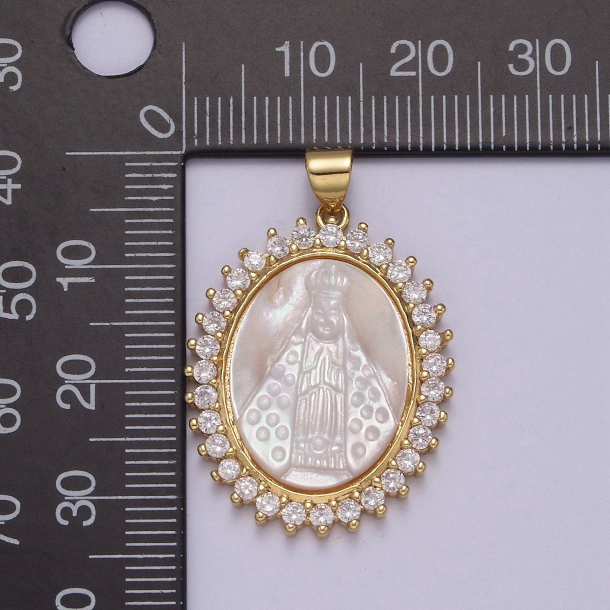 Statement Gold plated Cubic Zirconia Bezeled Mother Of Pearl Virgin Mary Lady of Guadalupe Pendant Necklace for Religious Jewelry Making N-574 - DLUXCA