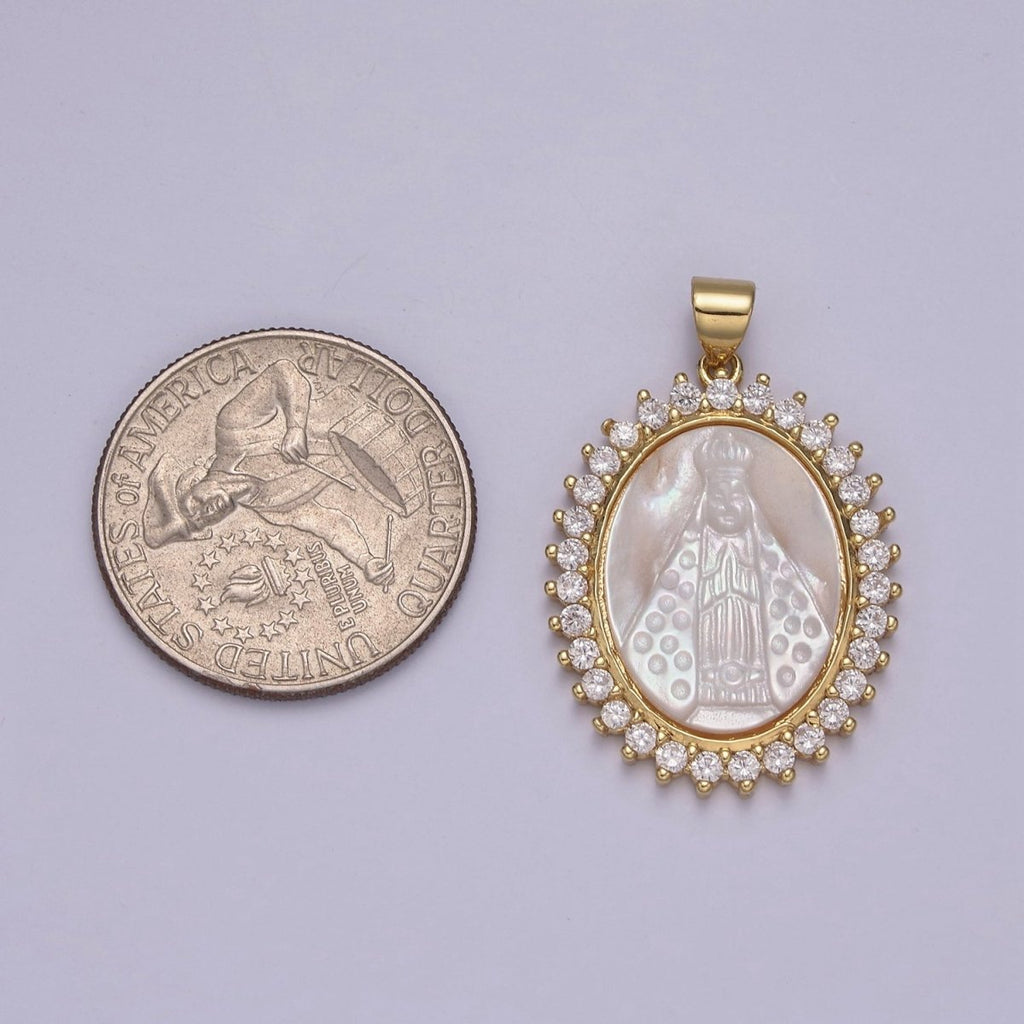 Statement Gold plated Cubic Zirconia Bezeled Mother Of Pearl Virgin Mary Lady of Guadalupe Pendant Necklace for Religious Jewelry Making N-574 - DLUXCA