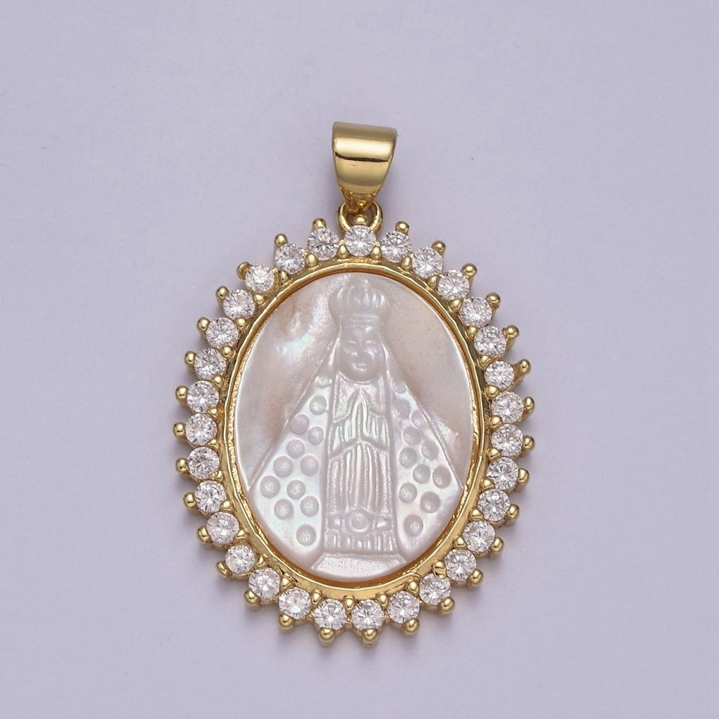Statement Gold plated Cubic Zirconia Bezeled Mother Of Pearl Virgin Mary Lady of Guadalupe Pendant Necklace for Religious Jewelry Making N-574 - DLUXCA