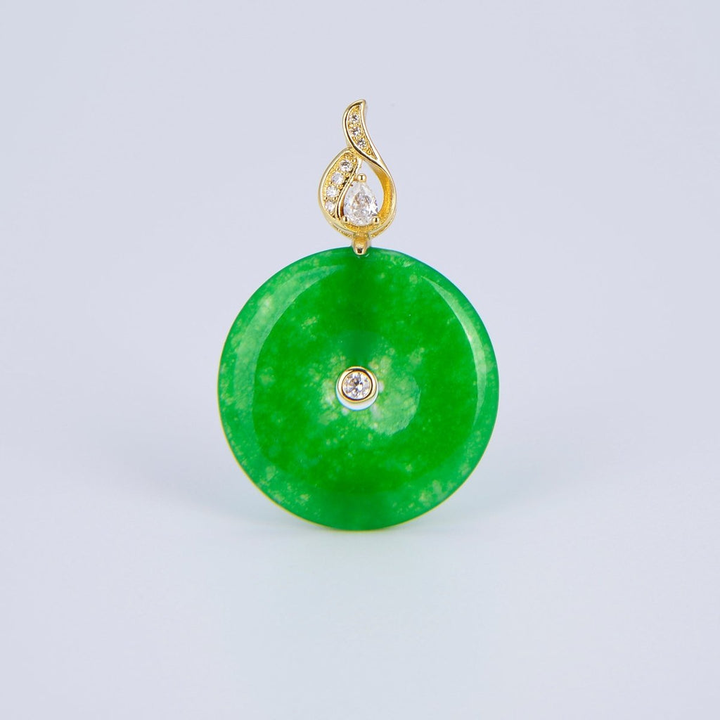 Stunning Chinese Green Donut Charm Green Jade Pendant Lucky Stone with Gold Eternity Swirl Bail for Necklace Supply O-225 - DLUXCA