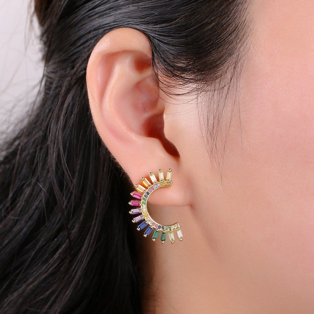 Super Cute Rainbow Studs • Moon Rainbow Earrings • Gold Multi Color Stone Earrings • Fan Studs • Kawaii Style Statement Earring Q-314 - DLUXCA