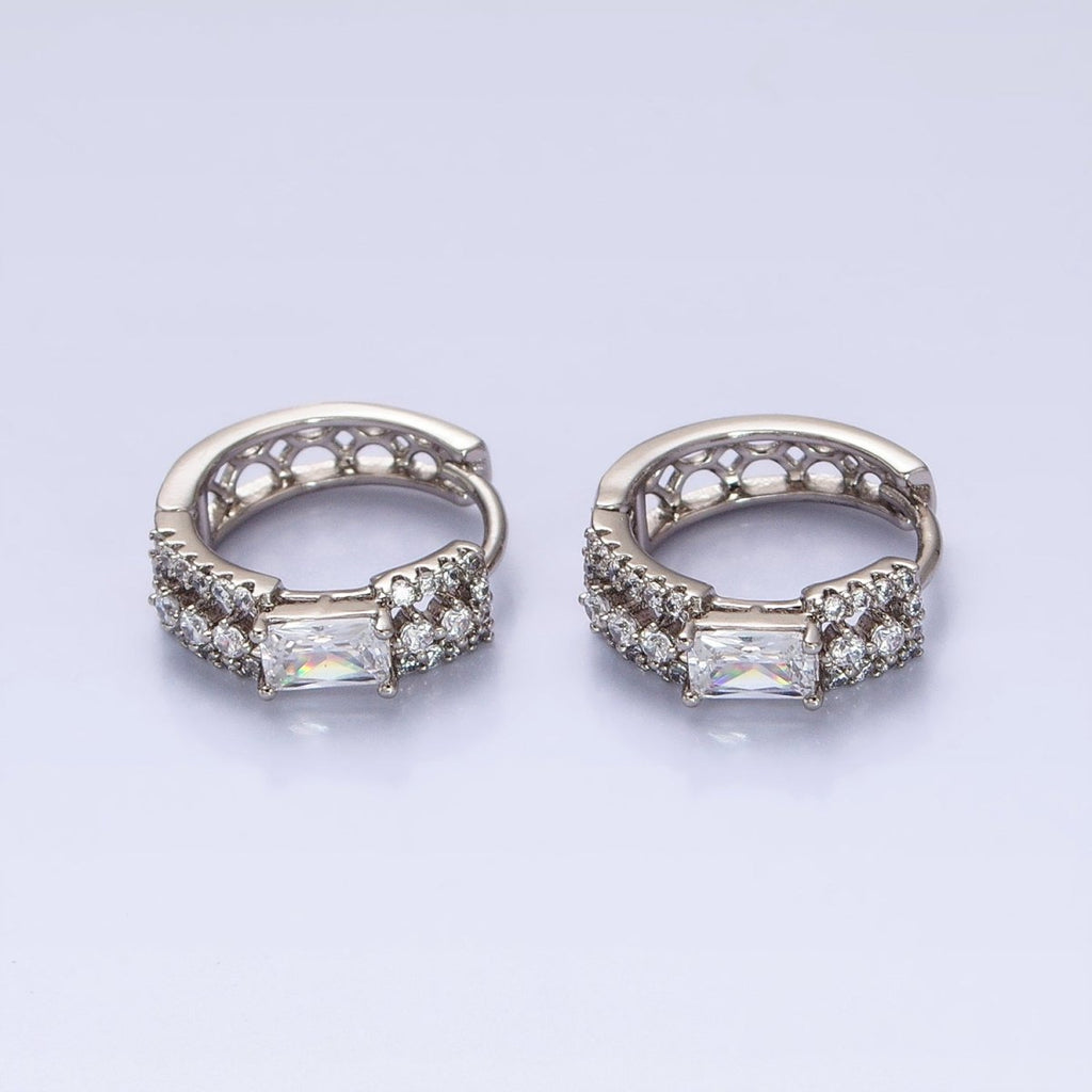 Thick Silver Hoop Earring with Clear Emerald Cut CZ Micro Pave Stone AB785 - DLUXCA