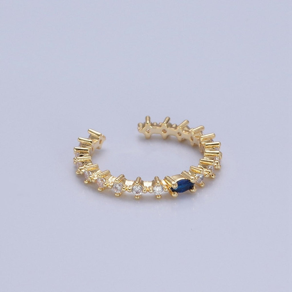 Thin Gold Ring Blue Pave Ring Clear Micro Pave Cz Ring Open Adjustable O-760 - DLUXCA