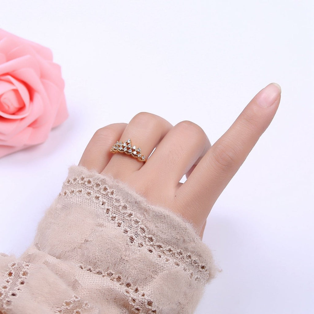 Tiara Crown Crystal Cubic Zirconia CZ Adjustable Ring, 16K Gold plated Statement Jewelry U-347 - DLUXCA