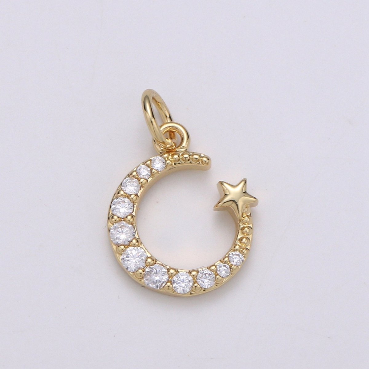 Tiny 14k Gold plated Micro Pave Moon Charm, Cubic Zirconia Moon Star Pendant Charm, Celestial Charm Necklace Earring Bracelet DIY Jewelry C-821 - DLUXCA