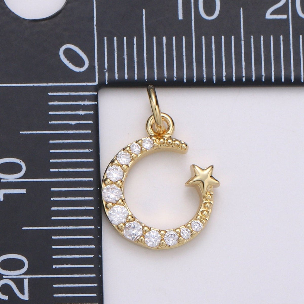 Tiny 14k Gold plated Micro Pave Moon Charm, Cubic Zirconia Moon Star Pendant Charm, Celestial Charm Necklace Earring Bracelet DIY Jewelry C-821 - DLUXCA