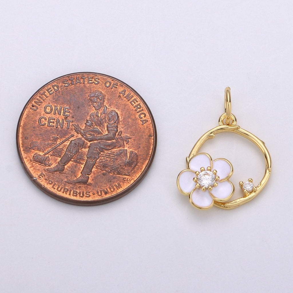 Tiny 14k Gold plated White Flower Charm Clover Charm, CZ Gold Charm, Dainty Minimalist Jewelry Supply E-581 - DLUXCA