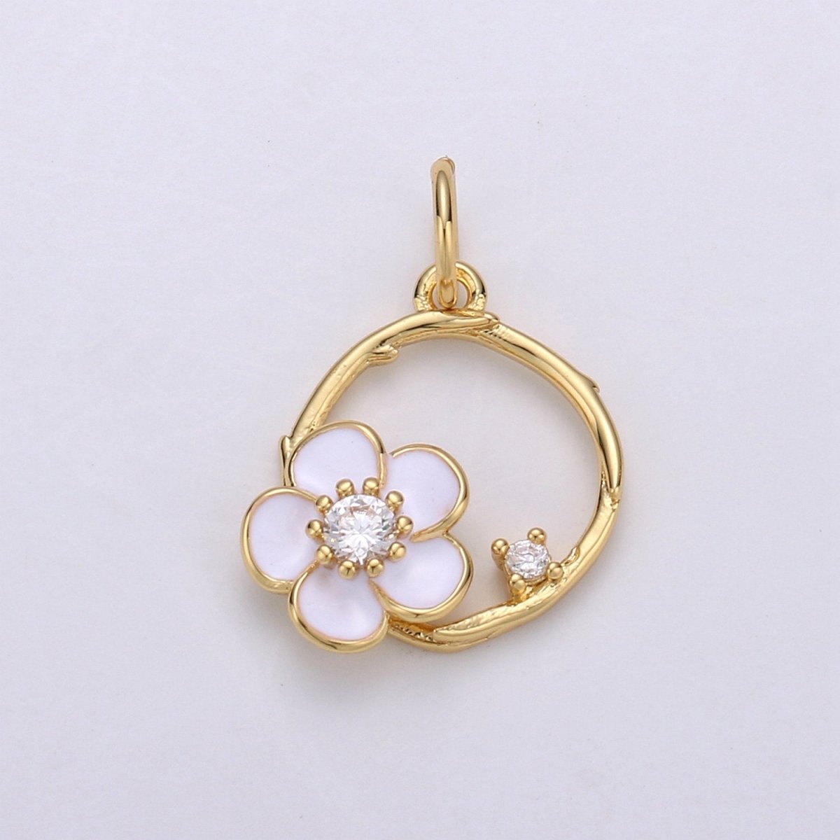 Tiny 14k Gold plated White Flower Charm Clover Charm, CZ Gold Charm, Dainty Minimalist Jewelry Supply E-581 - DLUXCA