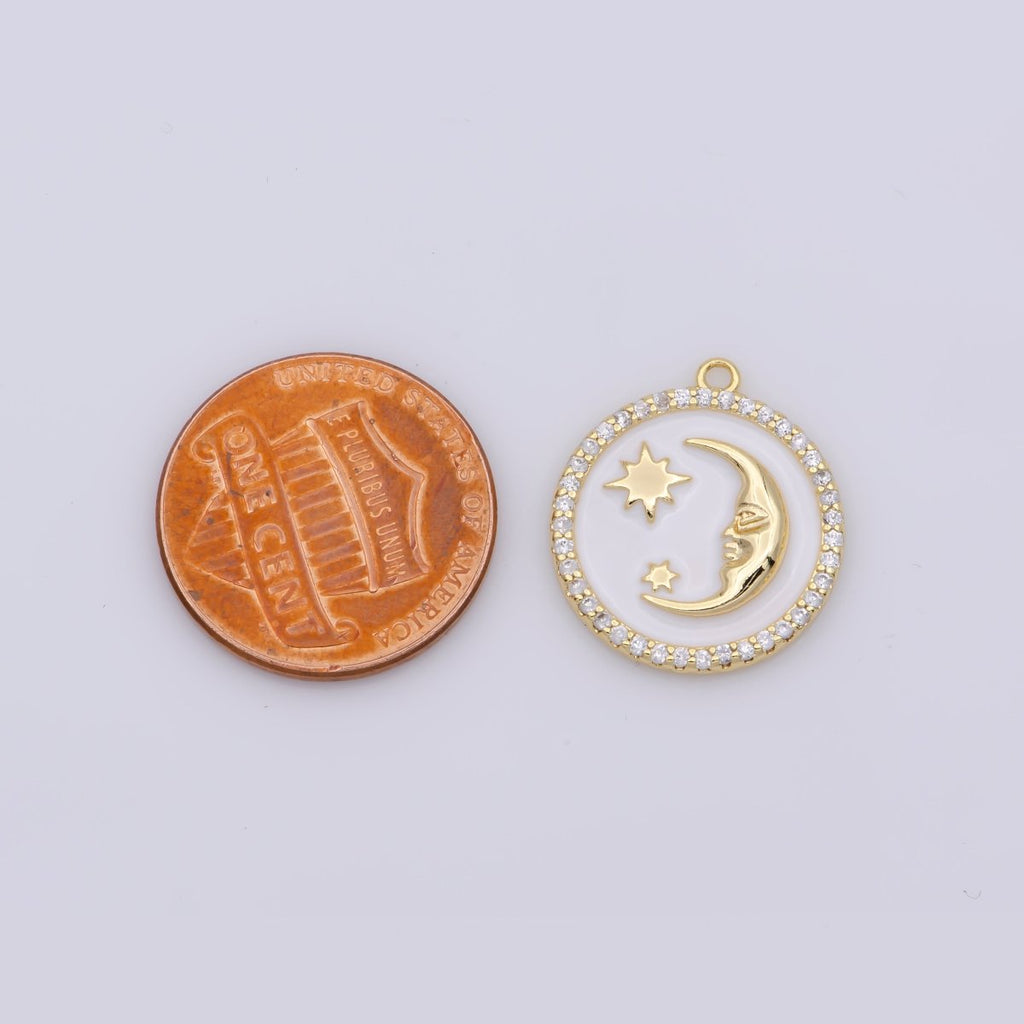 Tiny Celestial Charm White Blue Enamel Moon and Star Charms with Micro Pave Coin Base Moon Charms Jewelry Supplies M-906
