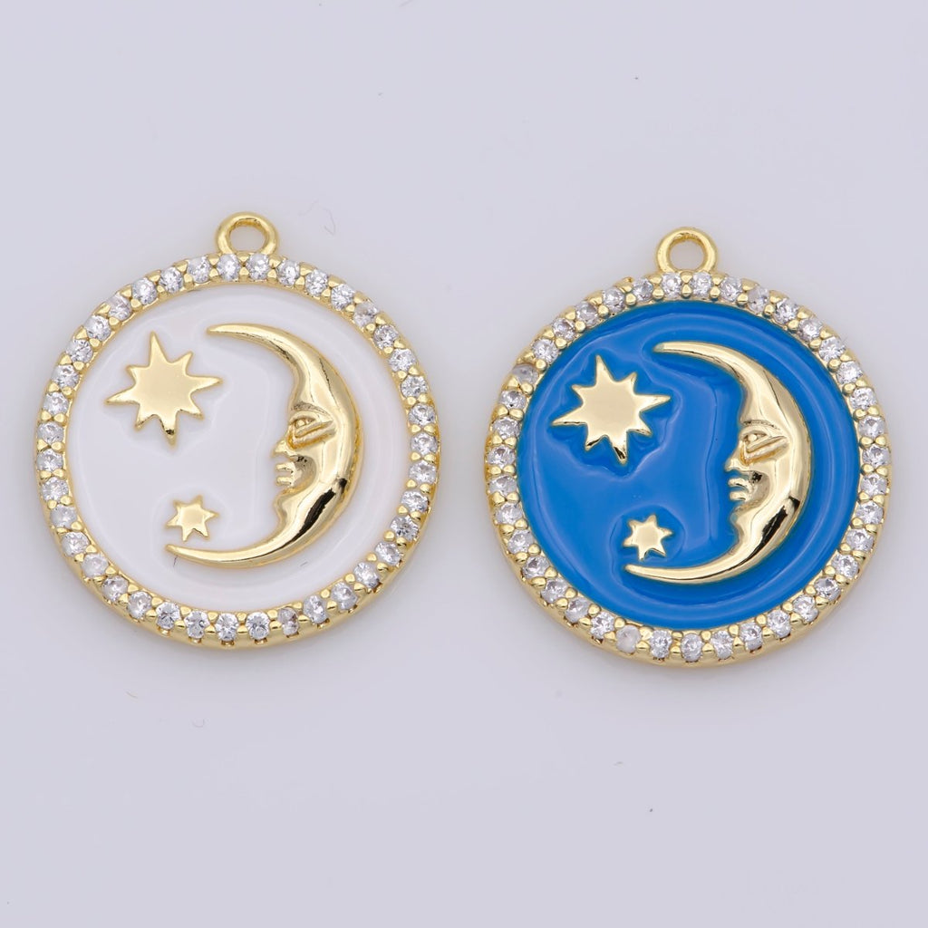 Tiny Celestial Charm White Blue Enamel Moon and Star Charms with Micro Pave Coin Base Moon Charms Jewelry Supplies M-906