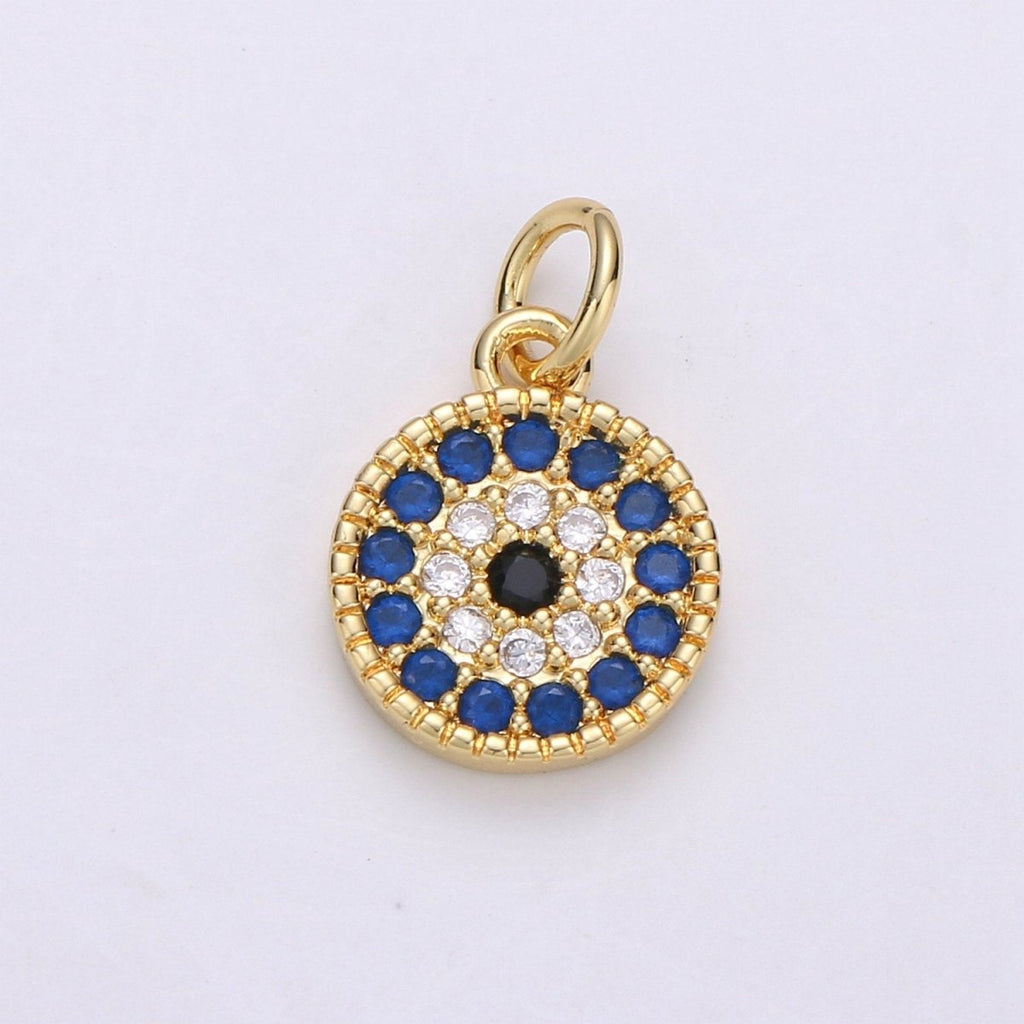 Tiny CZ Blue Micro Pave Coin Charm, Round Disc Pave Charm, Gold plated Micro Pave Dangle Charms for Necklace Bracelet Earring Supply E580 - DLUXCA
