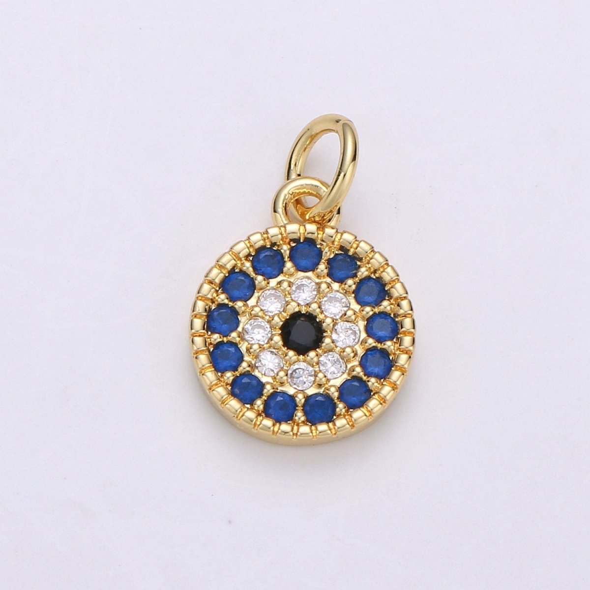 Tiny CZ Blue Micro Pave Coin Charm, Round Disc Pave Charm, Gold plated Micro Pave Dangle Charms for Necklace Bracelet Earring Supply E580 - DLUXCA