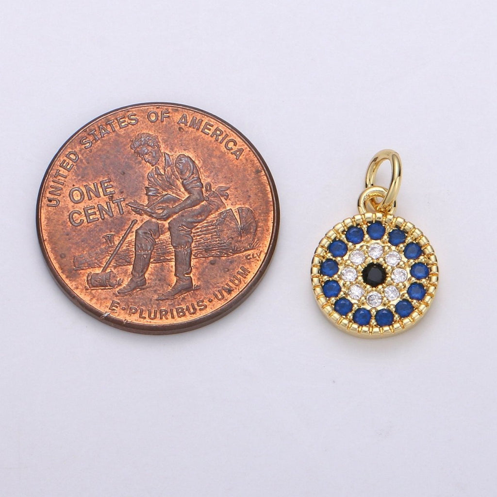 Tiny CZ Blue Micro Pave Coin Charm, Round Disc Pave Charm, Gold plated Micro Pave Dangle Charms for Necklace Bracelet Earring Supply E580 - DLUXCA