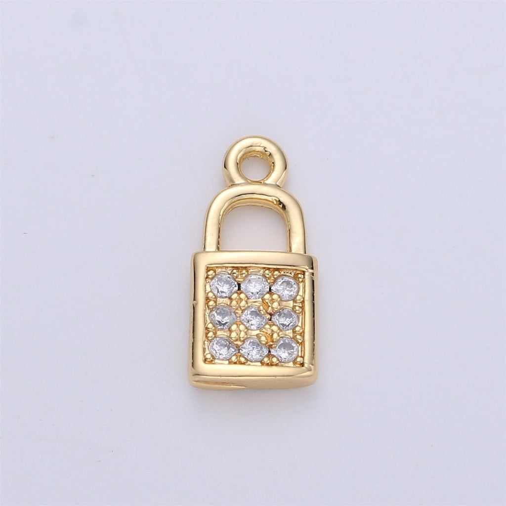 Tiny Gold Micro Pave padlock charm for Jewelry making, Minimalist, Simple lock charm for Bracelet Necklace Earring Component C-686 - DLUXCA