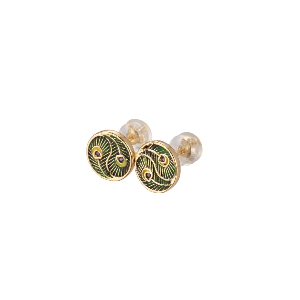Tiny Yin Yang Round Leaf with Purple Crystal Stud Earrings CZ Gold plated Mini Casual Daily Wear Earring Jewelry P-152 - DLUXCA