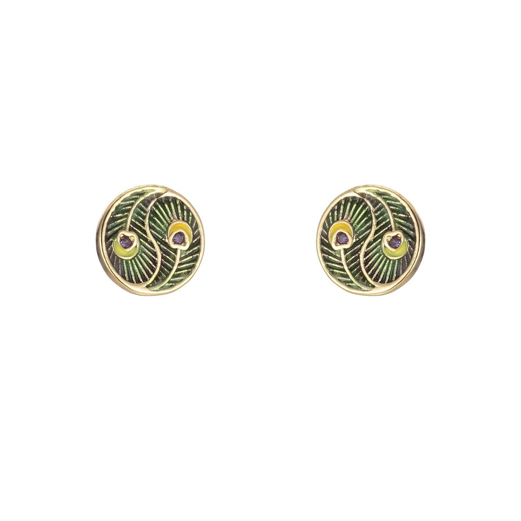 Tiny Yin Yang Round Leaf with Purple Crystal Stud Earrings CZ Gold plated Mini Casual Daily Wear Earring Jewelry P-152 - DLUXCA