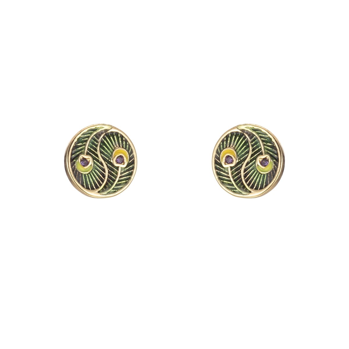 Tiny Yin Yang Round Leaf with Purple Crystal Stud Earrings CZ Gold plated Mini Casual Daily Wear Earring Jewelry P-152 - DLUXCA