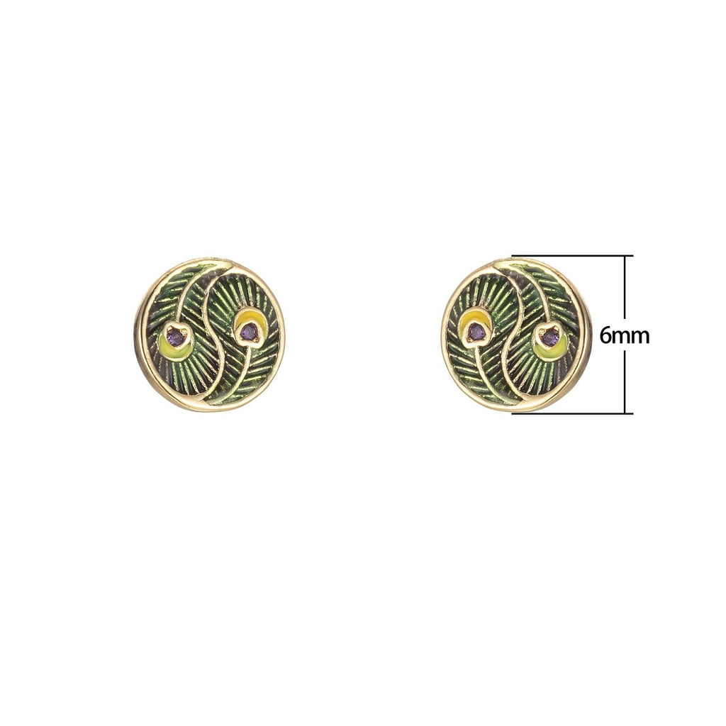 Tiny Yin Yang Round Leaf with Purple Crystal Stud Earrings CZ Gold plated Mini Casual Daily Wear Earring Jewelry P-152 - DLUXCA