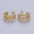 Triple Beaded Bubble Ball Round Pearl C-Shaped Hoop Earrings in Gold & Silver | AB051 AB052