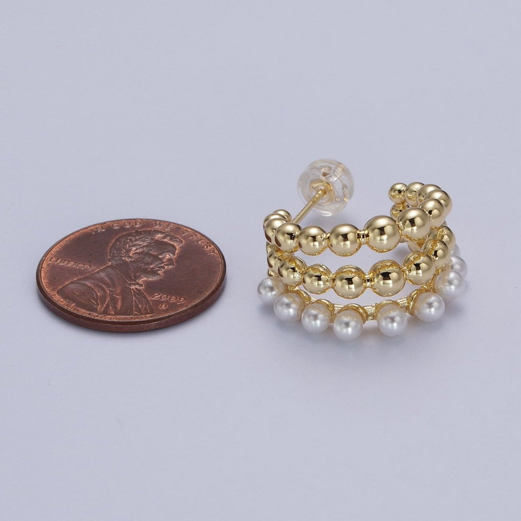 Triple Beaded Bubble Ball Round Pearl C-Shaped Hoop Earrings in Gold & Silver | AB051 AB052