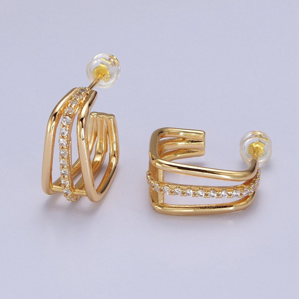 Triple Micro Pave CZ Bar Geometric Square J-Shaped Hoop Earrings In Gold & Silver | AB053 AB054