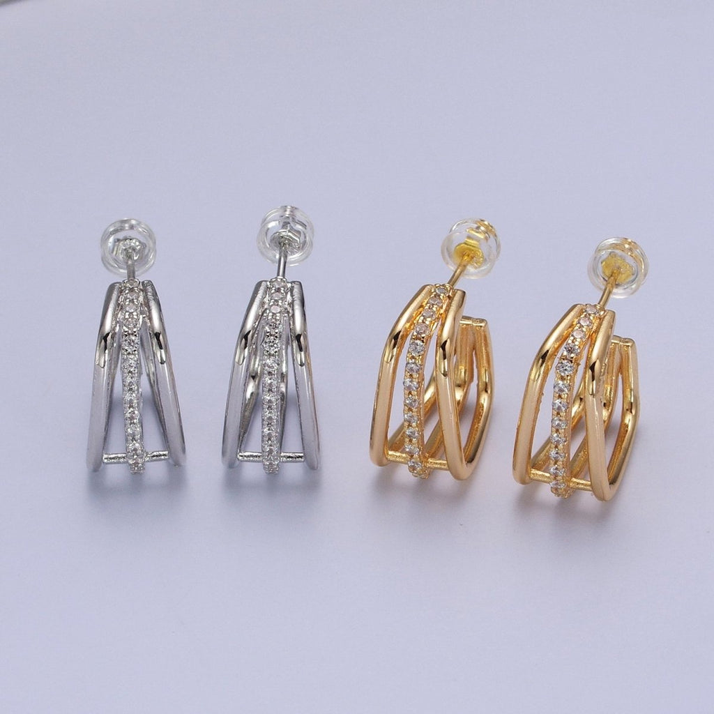 Triple Micro Pave CZ Bar Geometric Square J-Shaped Hoop Earrings In Gold & Silver | AB053 AB054