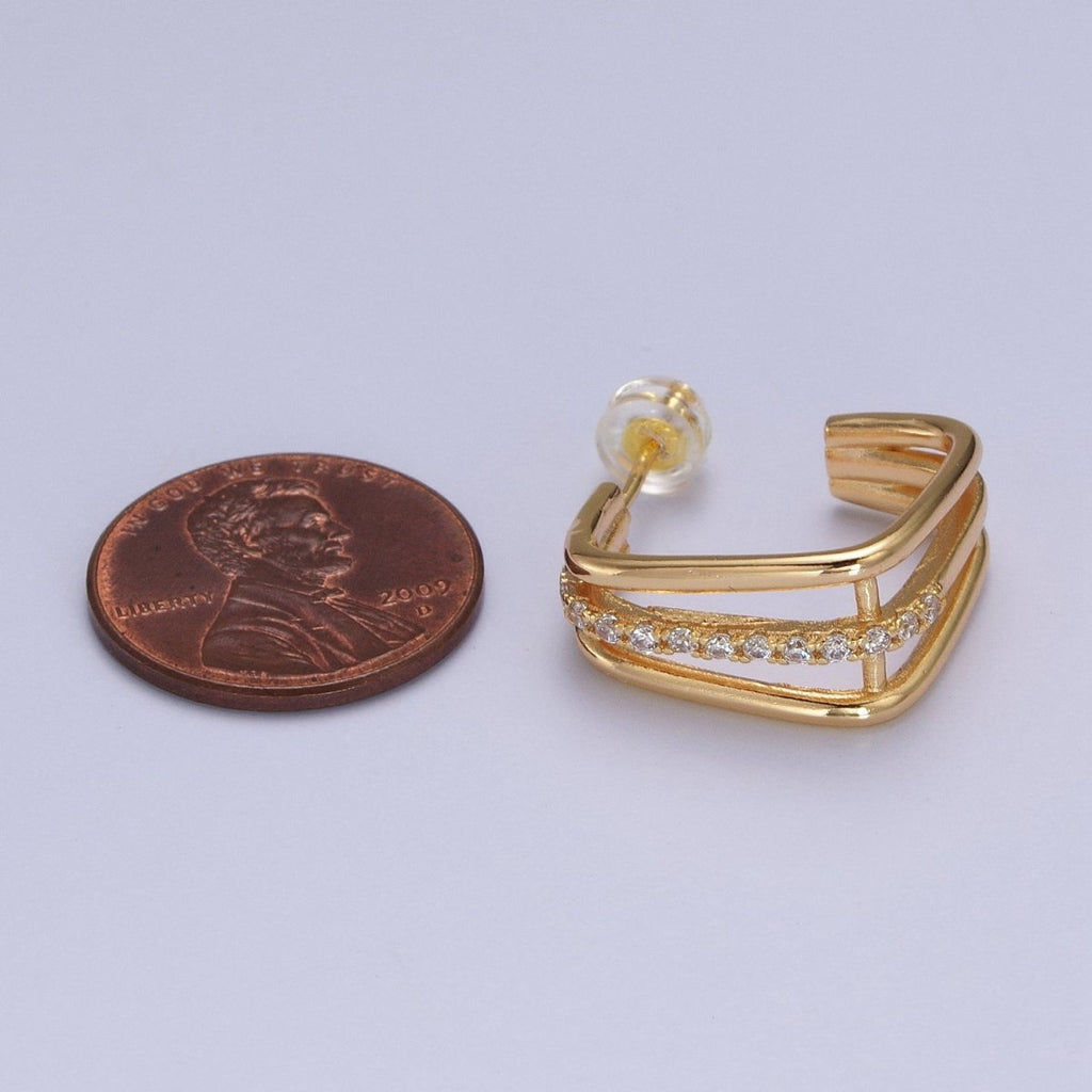 Triple Micro Pave CZ Bar Geometric Square J-Shaped Hoop Earrings In Gold & Silver | AB053 AB054