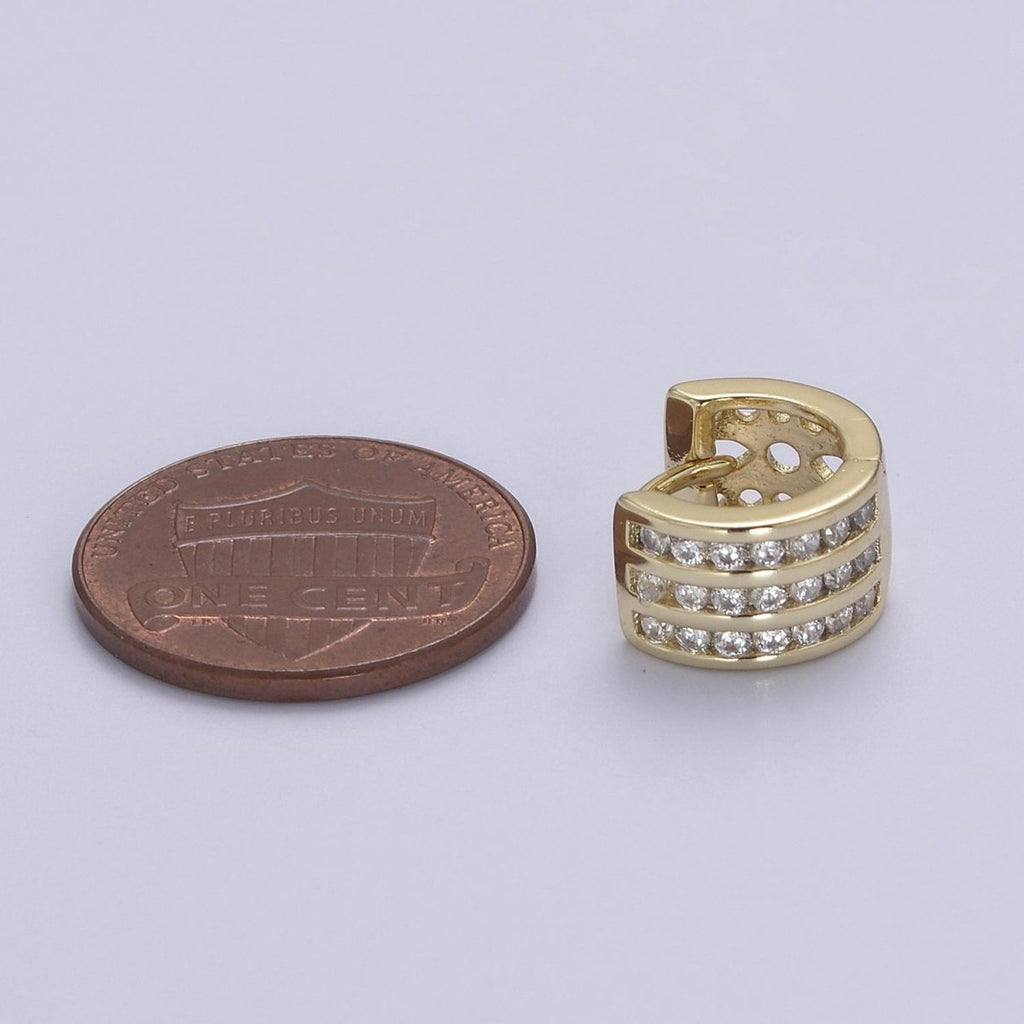 Triple Pave Gold Huggie Earrings, Thick Huggie 3 Lines CZ Diamond Hoop Earrings V-153 - DLUXCA