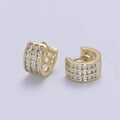 Triple Pave Gold Huggie Earrings, Thick Huggie 3 Lines CZ Diamond Hoop Earrings V-153 - DLUXCA