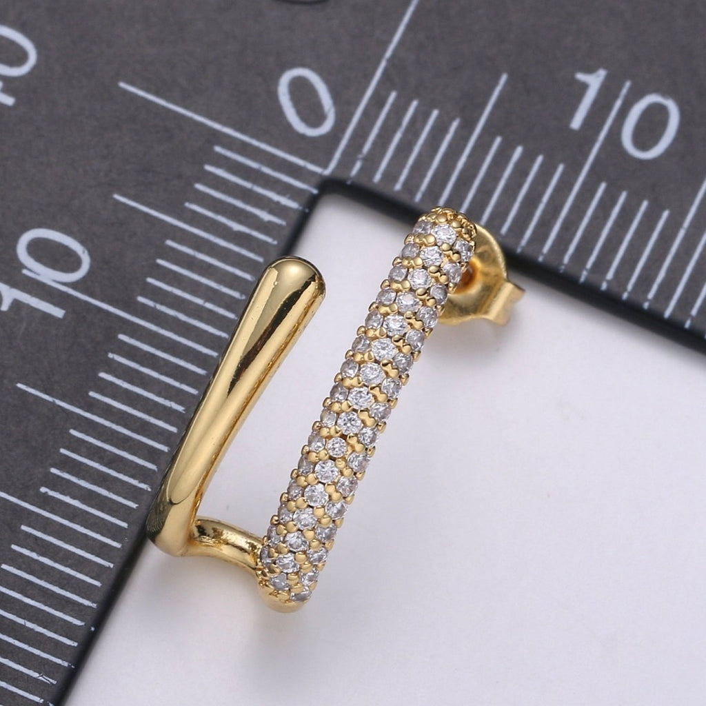 U Shape 24K Gold plated CZ Pave Stud, White Gold plated Micro Pave Earring for DIY Earring Craft Supply Jewelry Making, Q-389