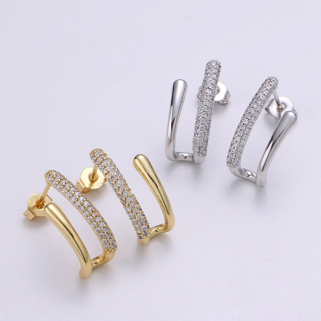 U Shape 24K Gold plated CZ Pave Stud, White Gold plated Micro Pave Earring for DIY Earring Craft Supply Jewelry Making, Q-389