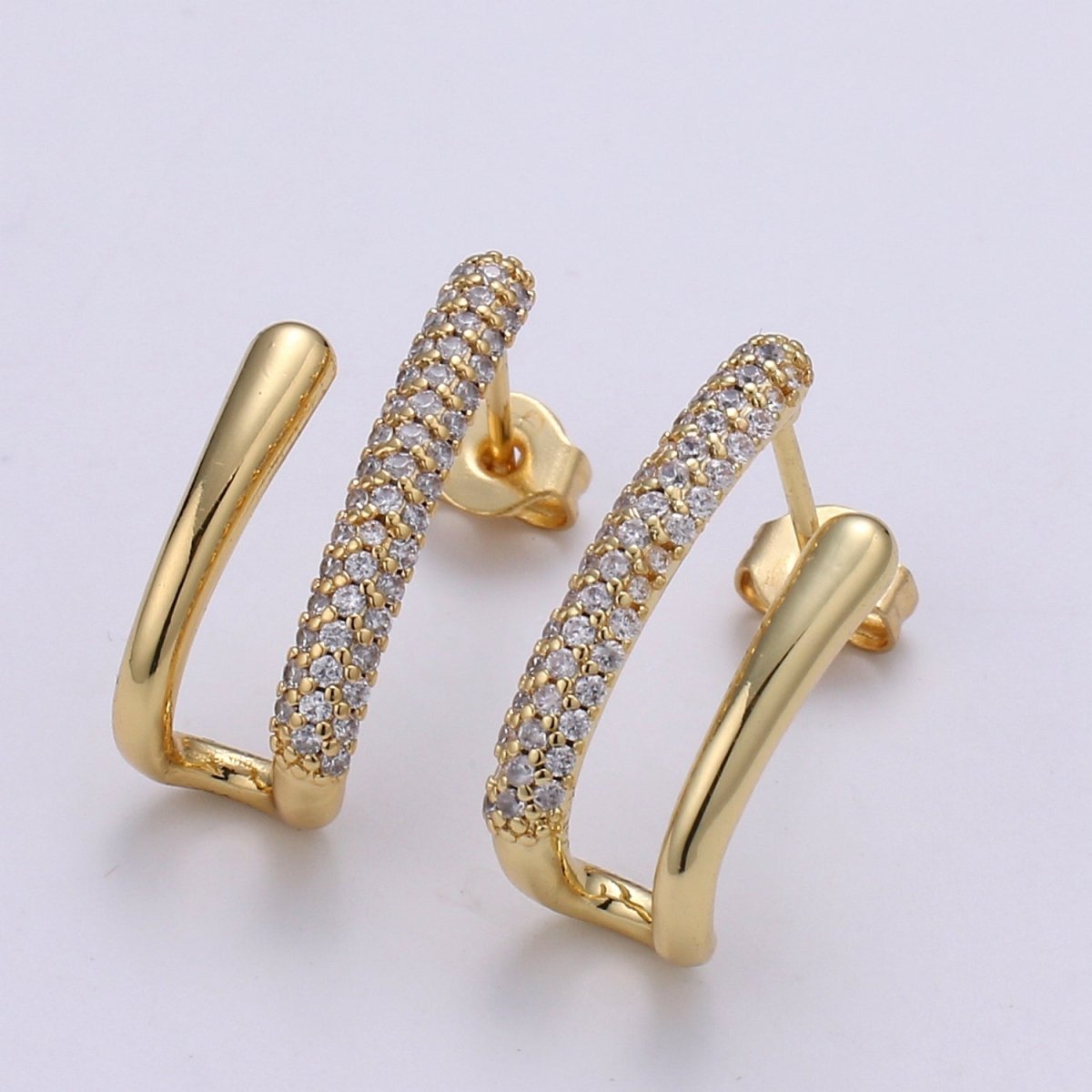 U Shape 24K Gold plated CZ Pave Stud, White Gold plated Micro Pave Earring for DIY Earring Craft Supply Jewelry Making, Q-389