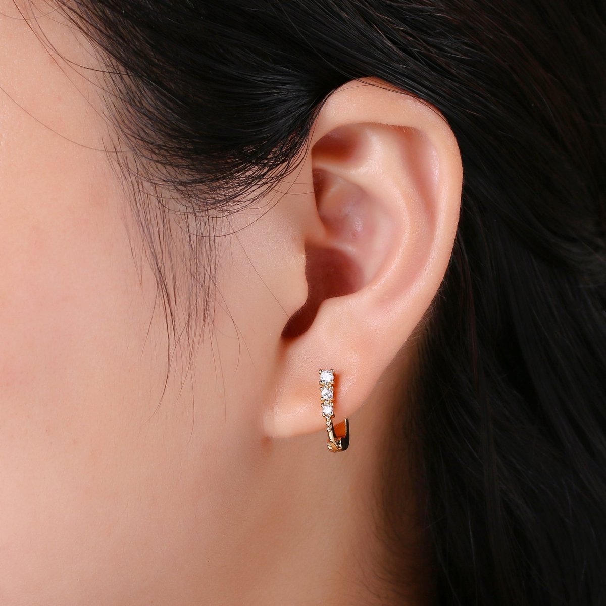U Shape Lever Huggie Hoop Earrings in 14K Gold plated Sparkly CZ Stones, Minimalist Geometric Hoop Earrings Q - 182 - DLUXCA