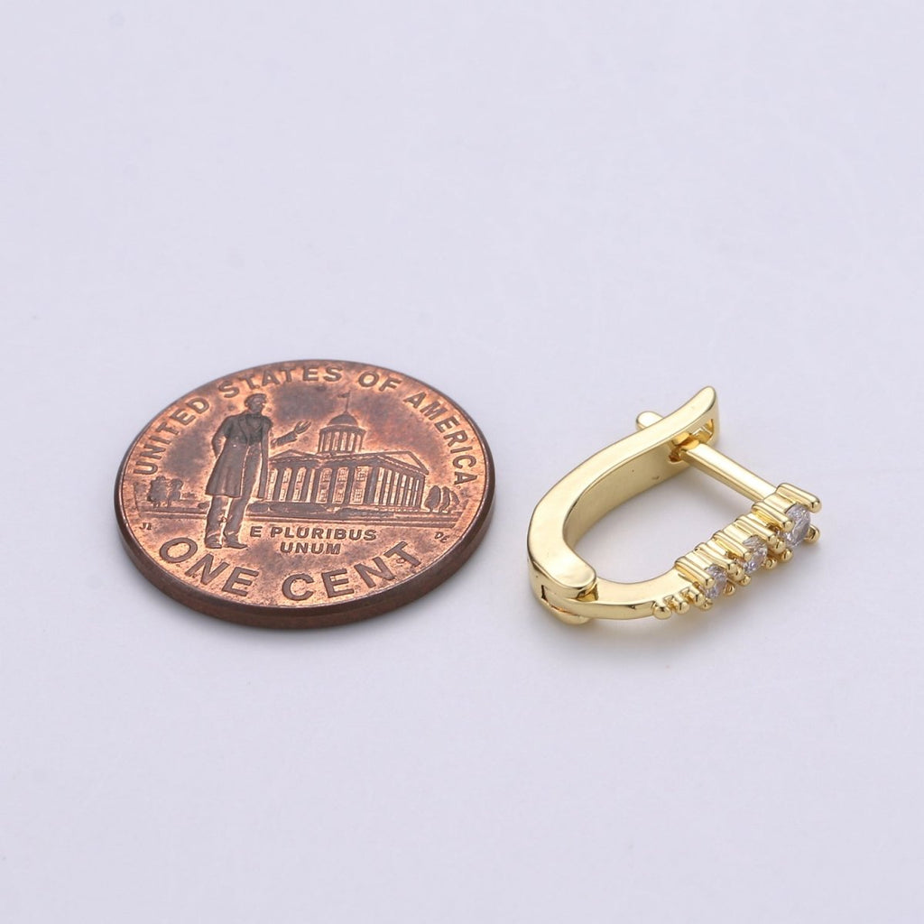 U Shape Lever Huggie Hoop Earrings in 14K Gold plated Sparkly CZ Stones, Minimalist Geometric Hoop Earrings Q - 182 - DLUXCA