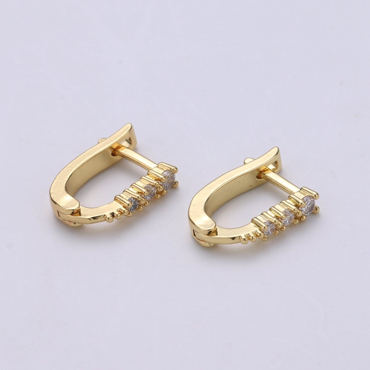 U Shape Lever Huggie Hoop Earrings in 14K Gold plated Sparkly CZ Stones, Minimalist Geometric Hoop Earrings Q - 182 - DLUXCA