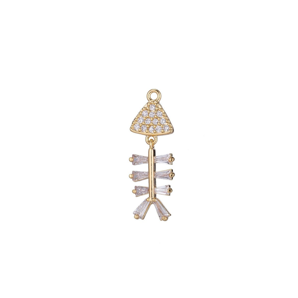 Unique Fish Bone Charm, Micro Pave CZ Charm, Dainty Pendant Marine Life Go Fishing Nature Inspired Necklace Charm for Jewelry Making E-405 - DLUXCA