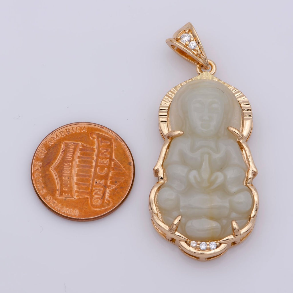 Vintage 18K gold fill, Solid Green Jadeite Jade Guan Yin Necklace Pendant, Kwan Yin Buddha Pendant AH-214 AH-215