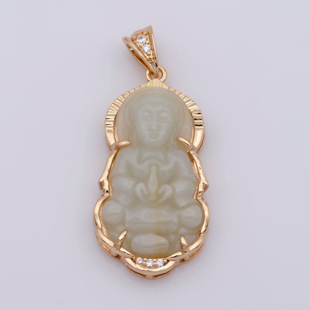 Vintage 18K gold fill, Solid Green Jadeite Jade Guan Yin Necklace Pendant, Kwan Yin Buddha Pendant AH-214 AH-215