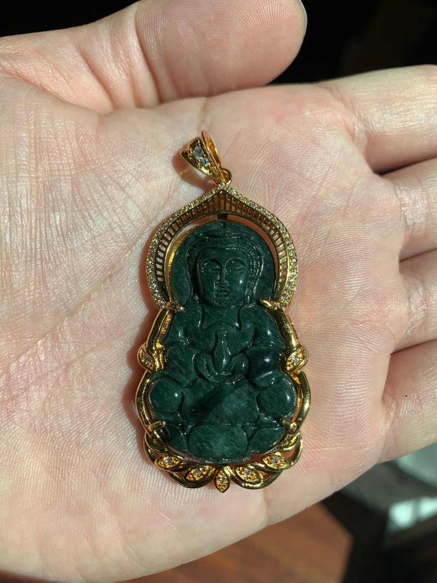 Vintage 24k Gold Vermeil Pendant Green Jadeite Jade Guan Yin Necklace Pendant, Kwan Yin Buddha Pendant for Religious Jewelry AH-244