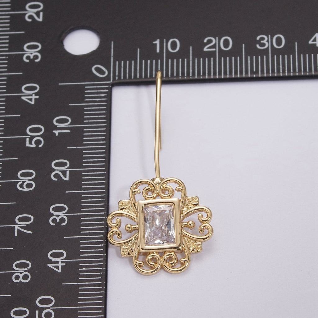 Vintage Gold Earring, Cz Square Drop Earrings, Everyday Earrings, Textured 18k Gold plated T-219 - DLUXCA