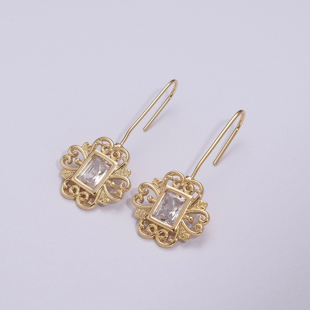 Vintage Gold Earring, Cz Square Drop Earrings, Everyday Earrings, Textured 18k Gold plated T-219 - DLUXCA