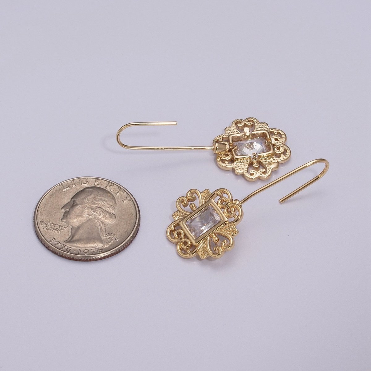 Vintage Gold Earring, Cz Square Drop Earrings, Everyday Earrings, Textured 18k Gold plated T-219 - DLUXCA