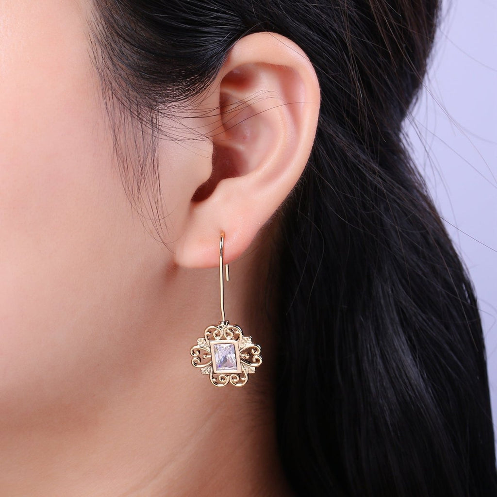 Vintage Gold Earring, Cz Square Drop Earrings, Everyday Earrings, Textured 18k Gold plated T-219 - DLUXCA