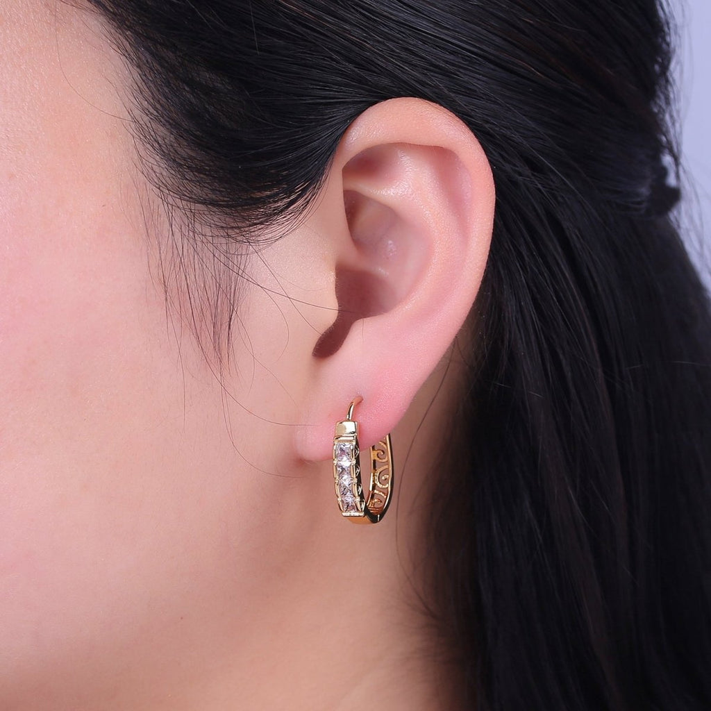 Vintage Medium 24K Gold plated hoop earrings cubic zirconia cz dainty minimalist V-140 - DLUXCA
