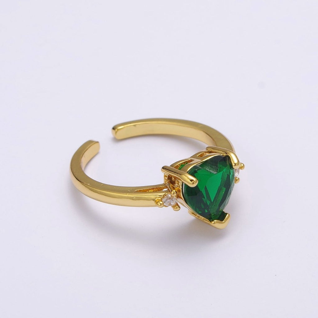 Vintage solitaire Green, Clear, Pink wedding ring heart cut Cubic Zirconia Yellow gold Open Adjustable Ring S-250 ~ S-252 - DLUXCA