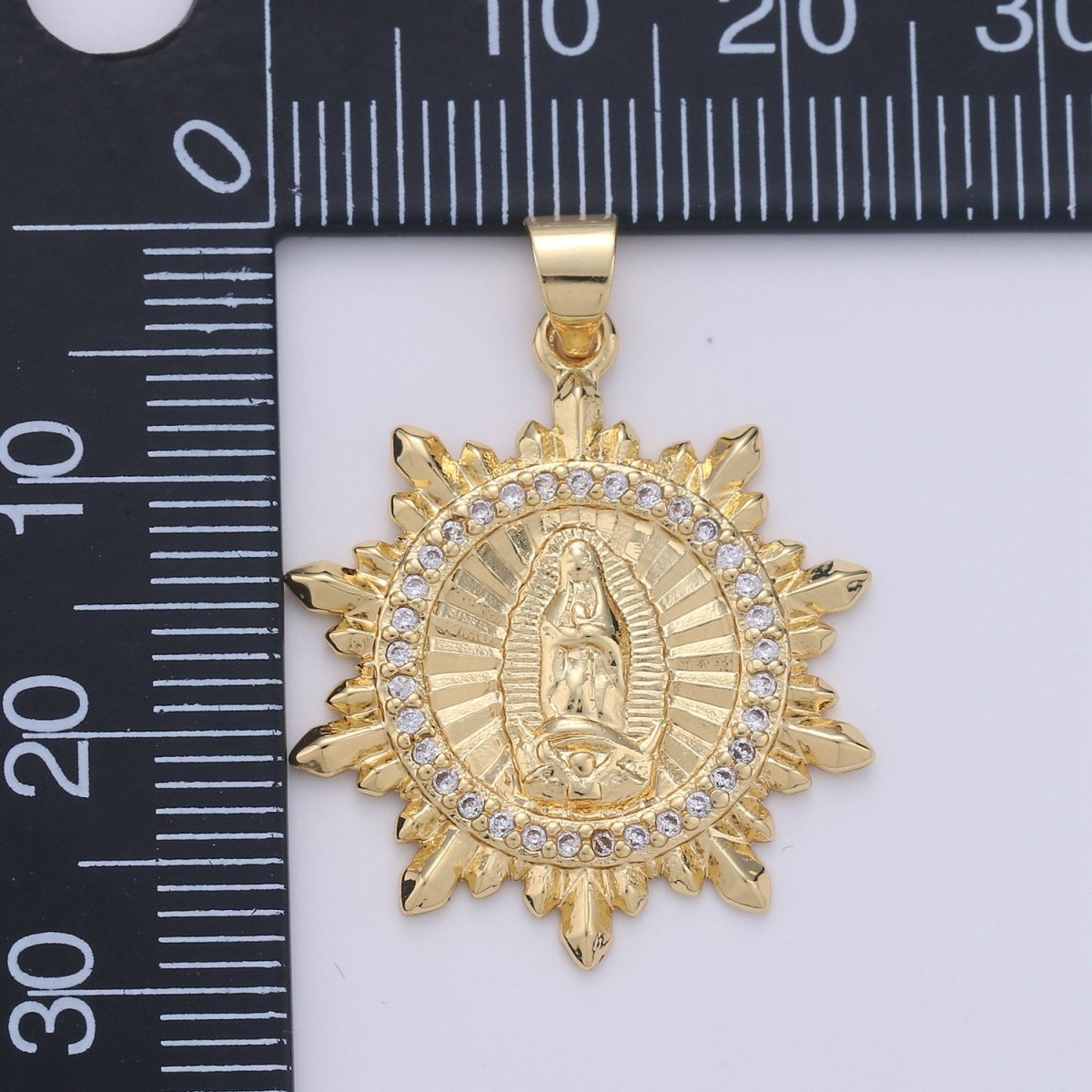 Virgin Mary Medallion Scalloped Edge, Decorative Edge,Round Coin Pendant in 24K Gold plated Religious Jewelry Charm Pendant for Necklace - DLUXCA