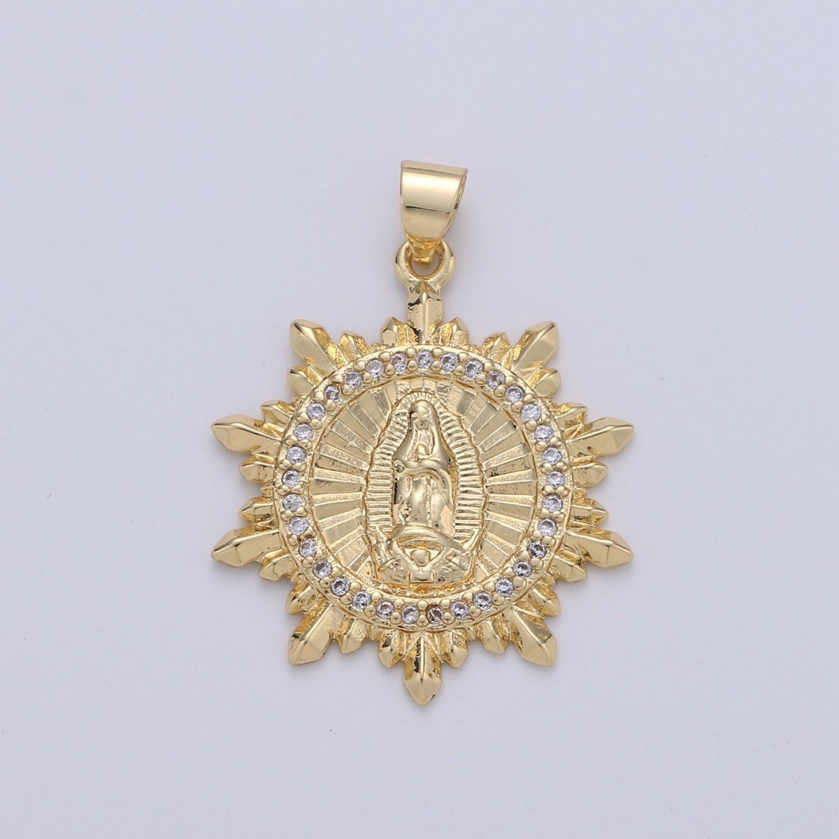 Virgin Mary Medallion Scalloped Edge, Decorative Edge,Round Coin Pendant in 24K Gold plated Religious Jewelry Charm Pendant for Necklace - DLUXCA